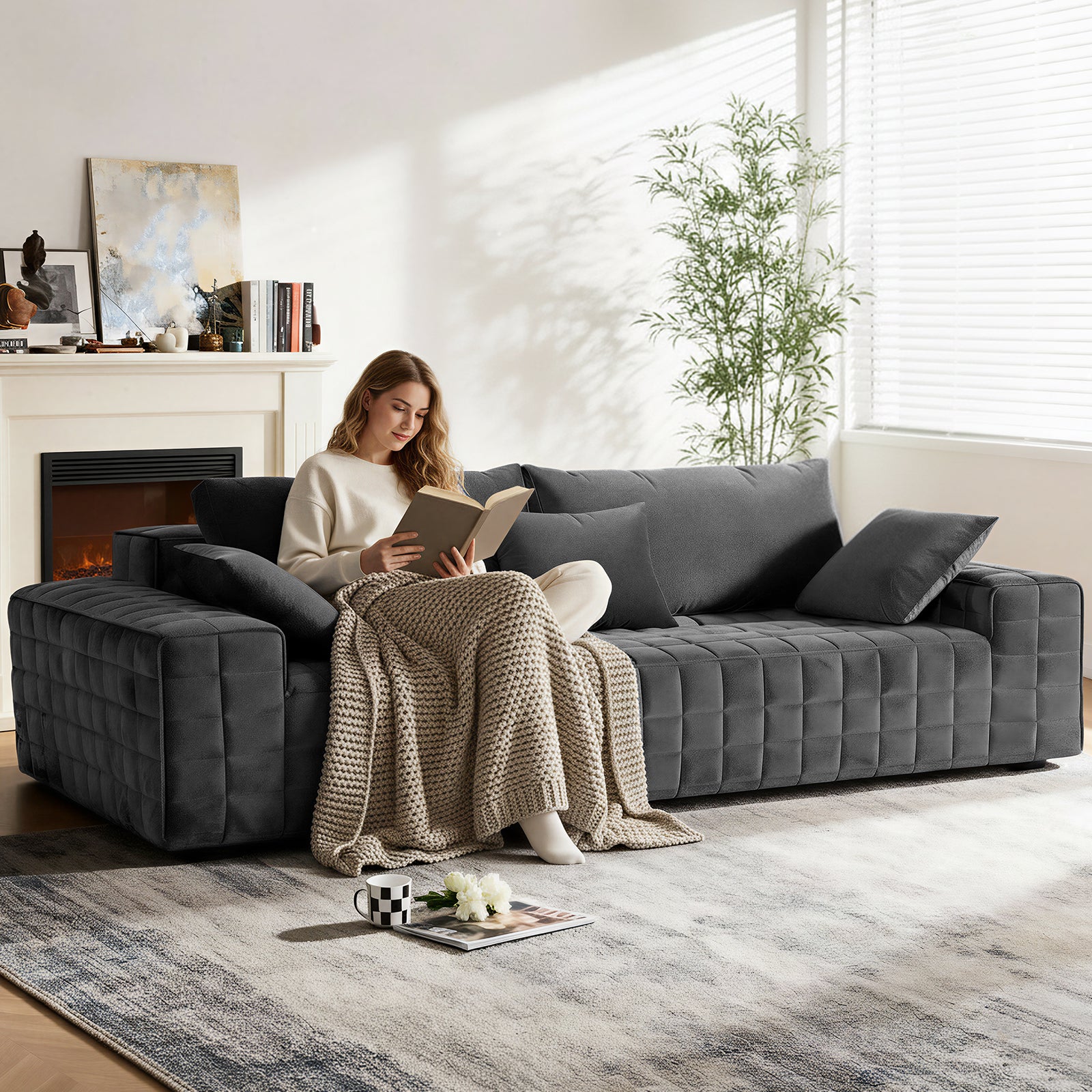 91' Chenille Cloud Sofa, 3-Seater Boneless Couch with High-Density Foam & Pocket Springs, No Assembly Couch in a Box, Deep Seat Oversized Sofa for Living Room Apartment